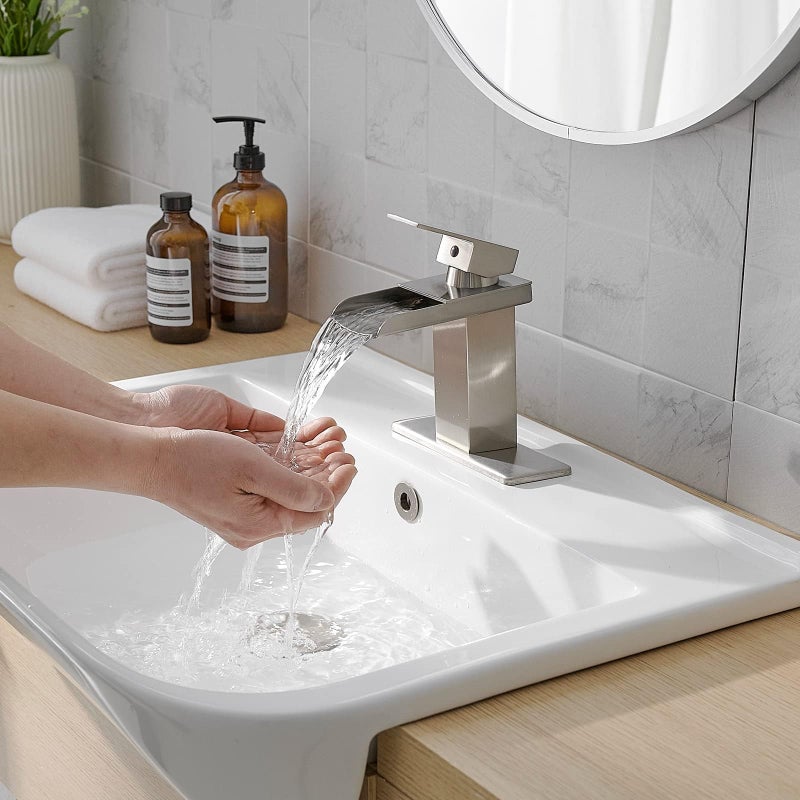 Homevacious Brushed Nickel Bathroom Faucet Waterfall Bathroom Vanity Sink Faucet Single Handle with Pop Up Drain and Deck Plate Modern Single Hole Lavatory Basin Commercial Faucets Mixer Tap - Image 3